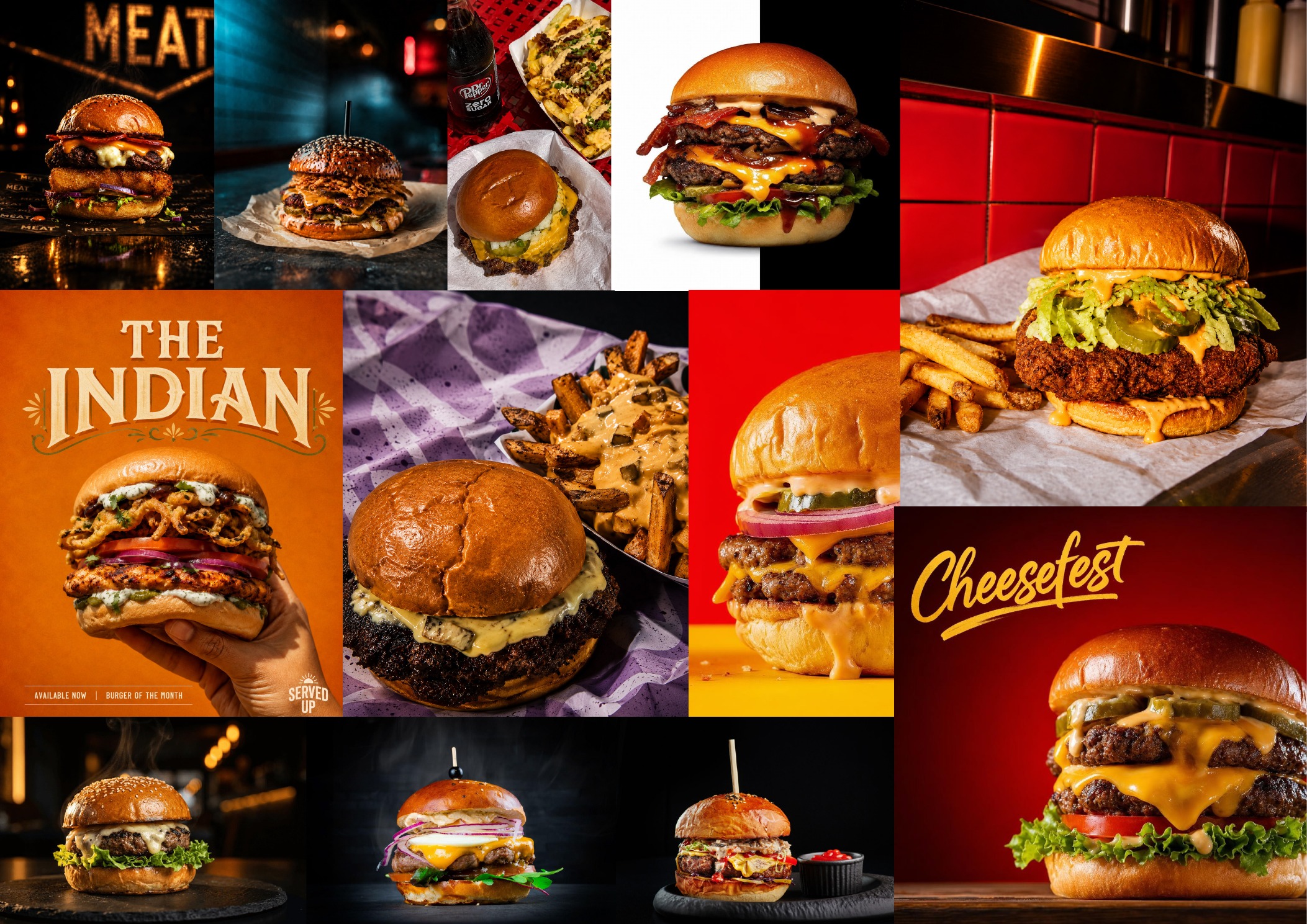 A montage of Served Up Studio burger photography in dark, bright and branded settings