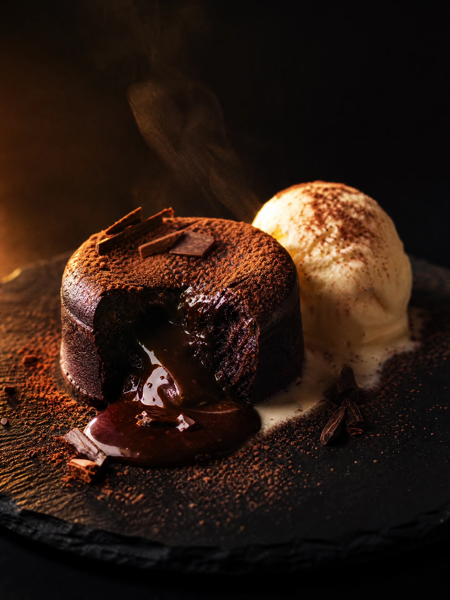 Molten chocolate dessert photography
