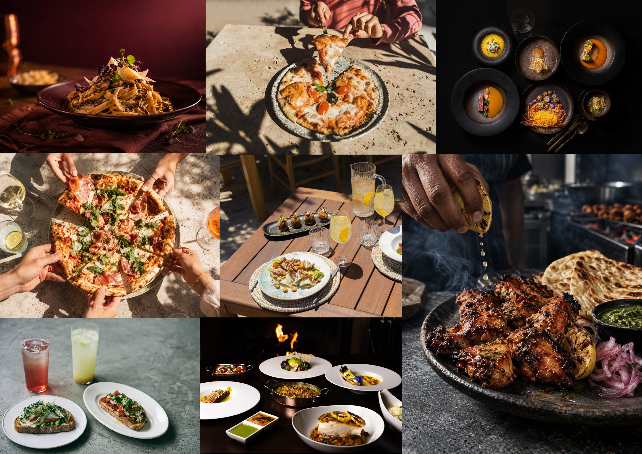 A montage of Served Up Studio food photography featuring pasta, pizza, drinks, fine dining and grilled chicken